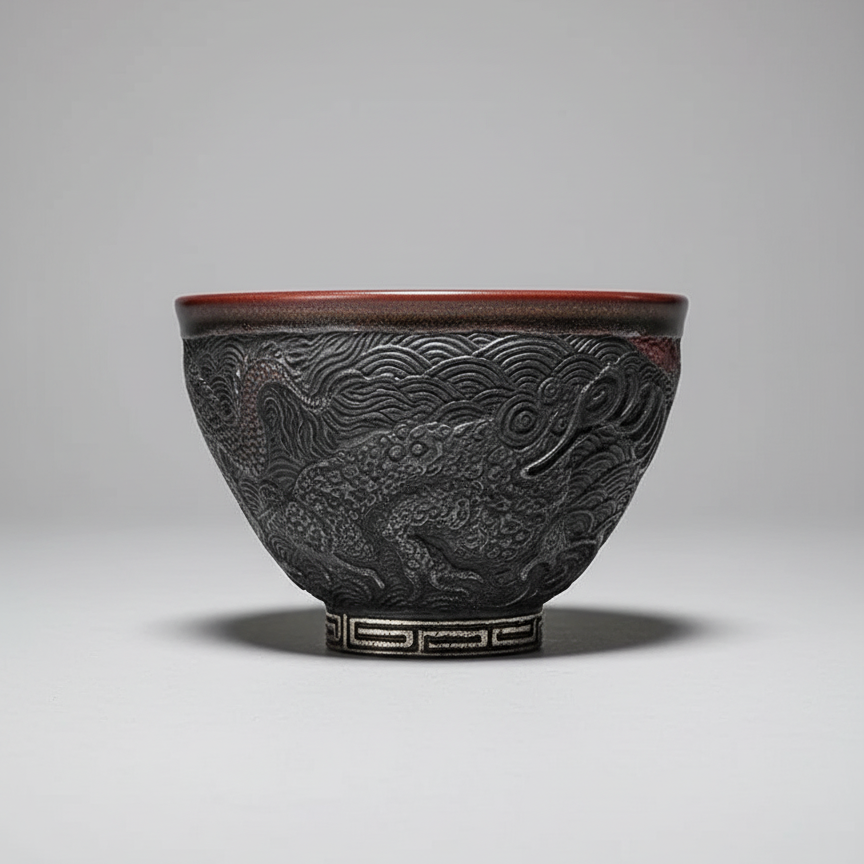 Carved Porcelain Tea Bowl - Dragon