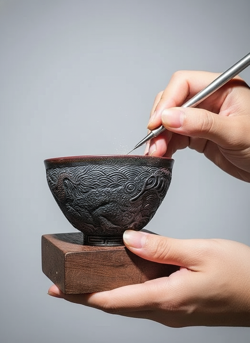 Carved Porcelain Tea Bowl - Dragon
