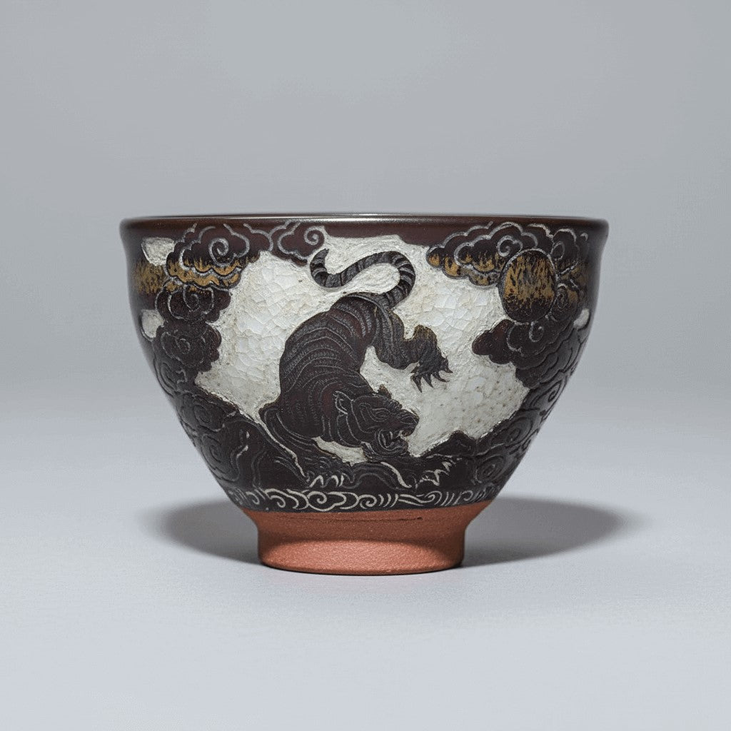 Carving on Porcelain Tea Bowl Tiger