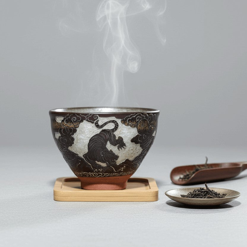 Carving on Porcelain Tea Bowl Tiger