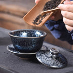 Handmade Tenmoku Flowers Gaiwan, Jian Zhan Tenmoku Gaiwan Tea Bowl