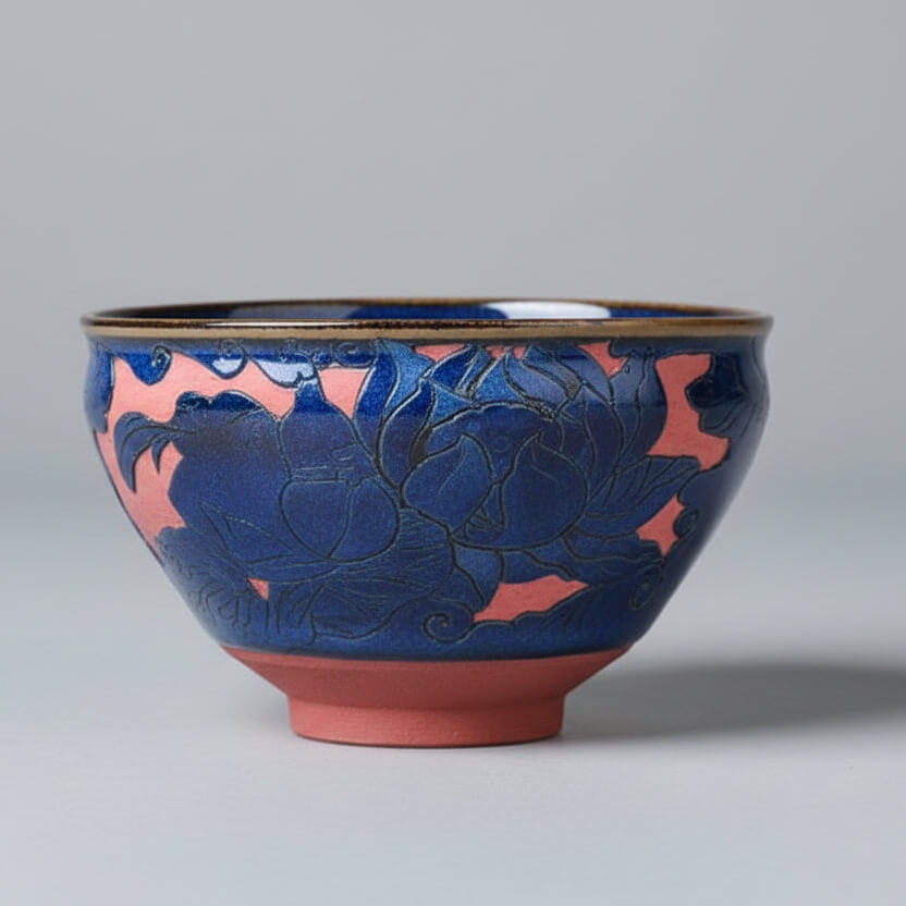 Hand-Carved Porcelain Tea Bowl Frog in Serene Freedom