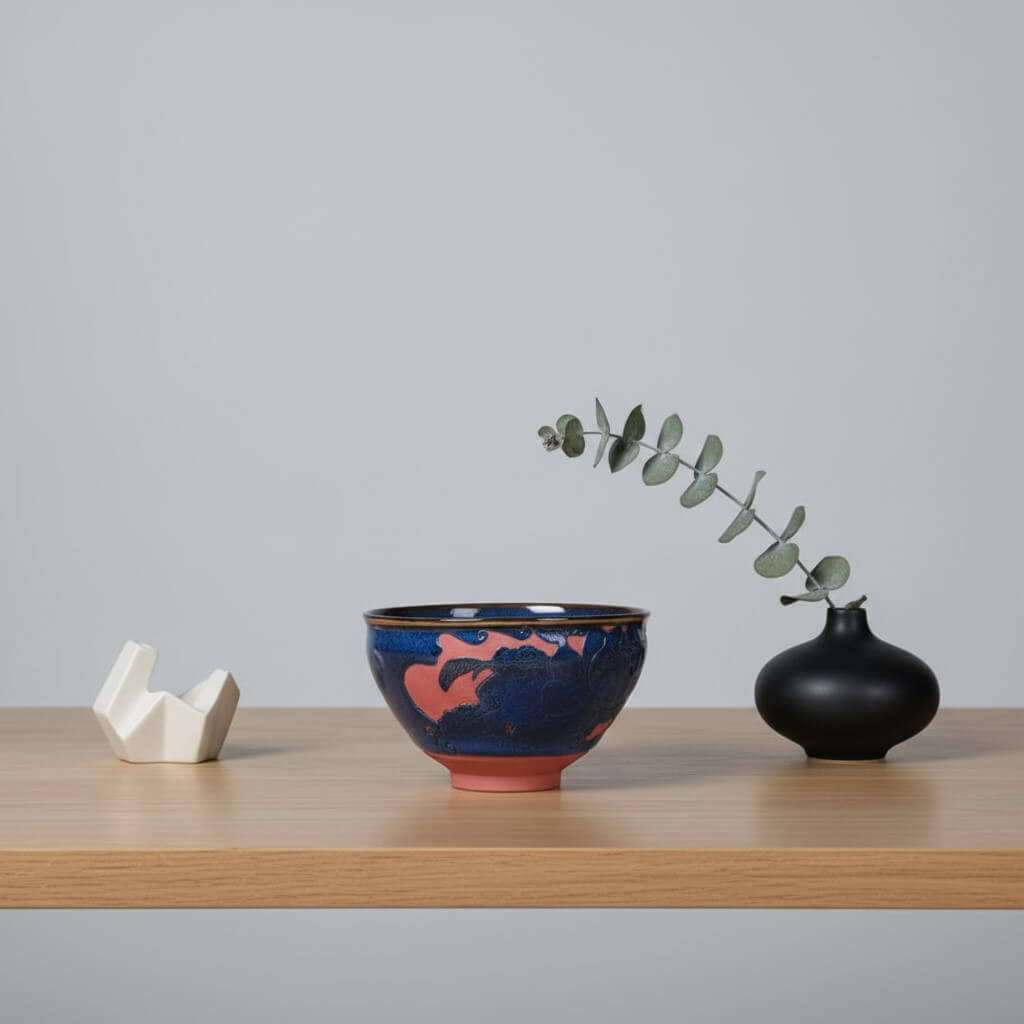 Hand-Carved Porcelain Tea Bowl Frog in Serene Freedom