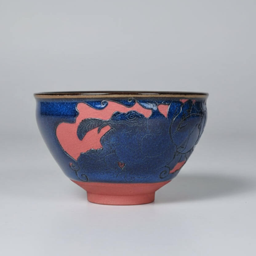 Hand-Carved Porcelain Tea Bowl Frog in Serene Freedom