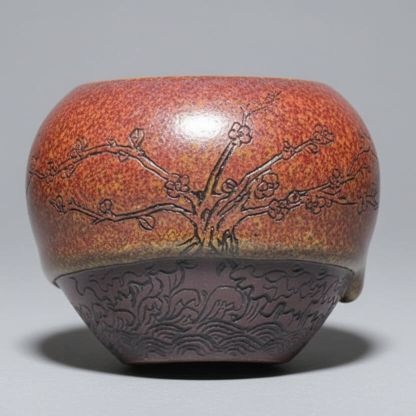 Hand Carved Porcelain Tea Cup Red Plum Blossoms