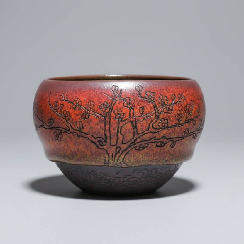 Hand Carved Porcelain Tea Cup Red Plum Blossoms