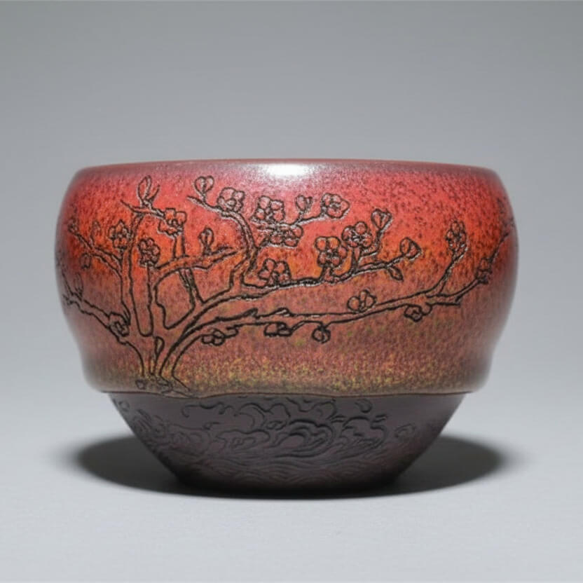 Hand Carved Porcelain Tea Cup Red Plum Blossoms