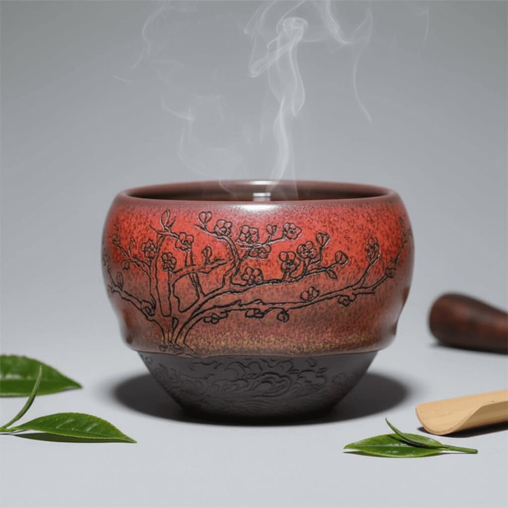 Hand Carved Porcelain Tea Cup Red Plum Blossoms