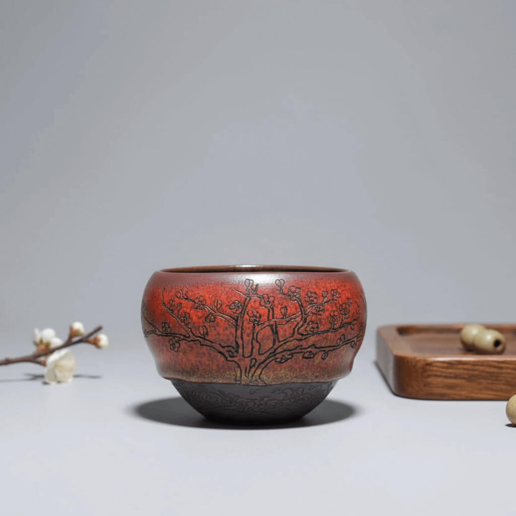 Hand Carved Porcelain Tea Cup Red Plum Blossoms