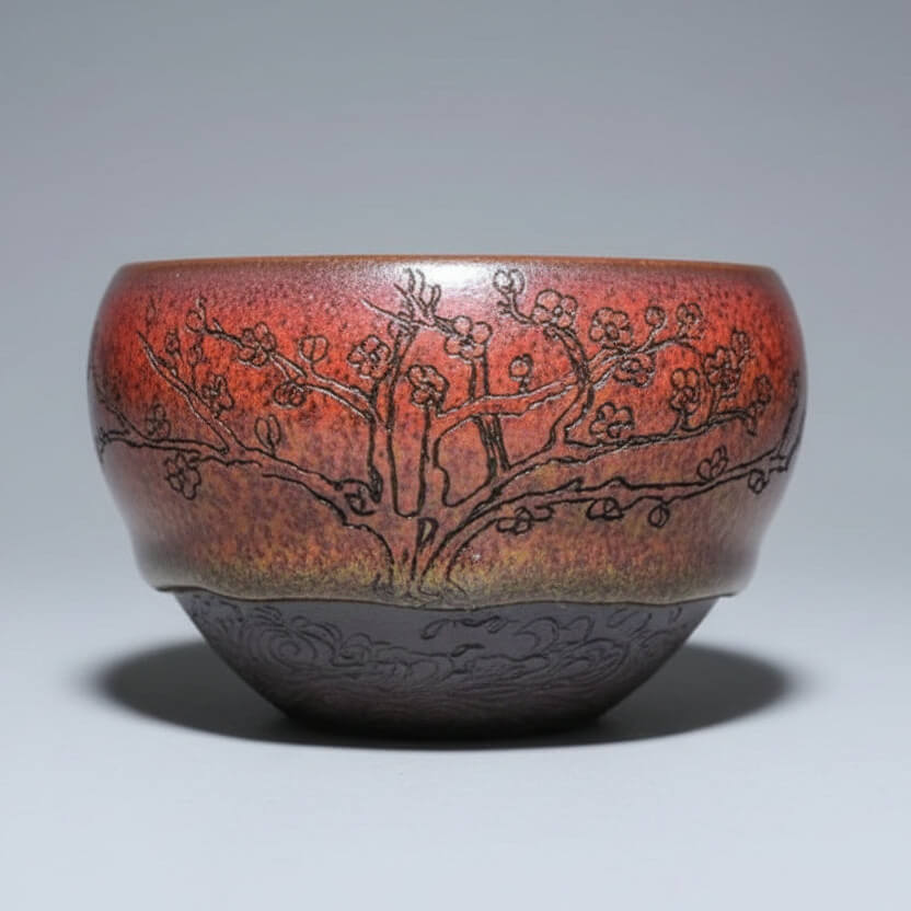 Hand Carved Porcelain Tea Cup Red Plum Blossoms