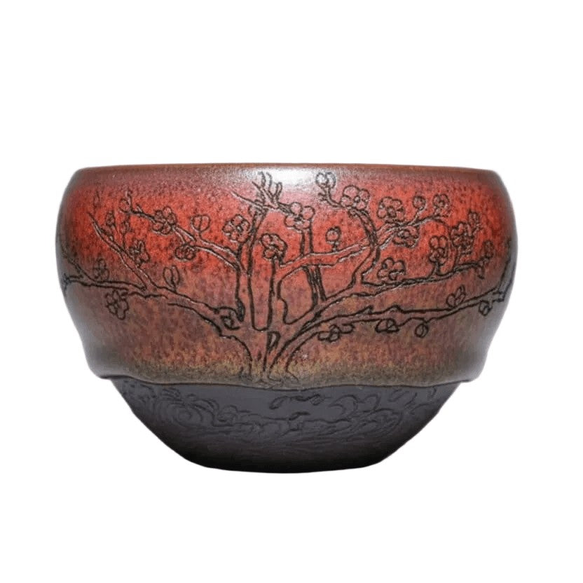 Hand Carved Porcelain Tea Cup Red Plum Blossoms