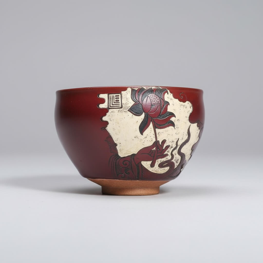 Hand Carved Porcelain Tea Bowl Buddha Hand Gently Holding Flower