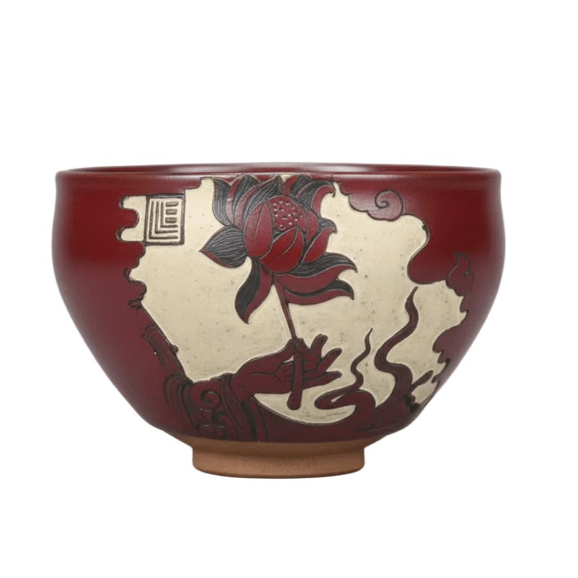 Hand Carved Porcelain Tea Bowl Buddha Hand Gently Holding Flower