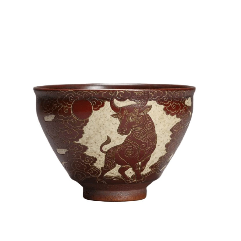 Hand Carved Ceramic Decorative Red Bowl Bull