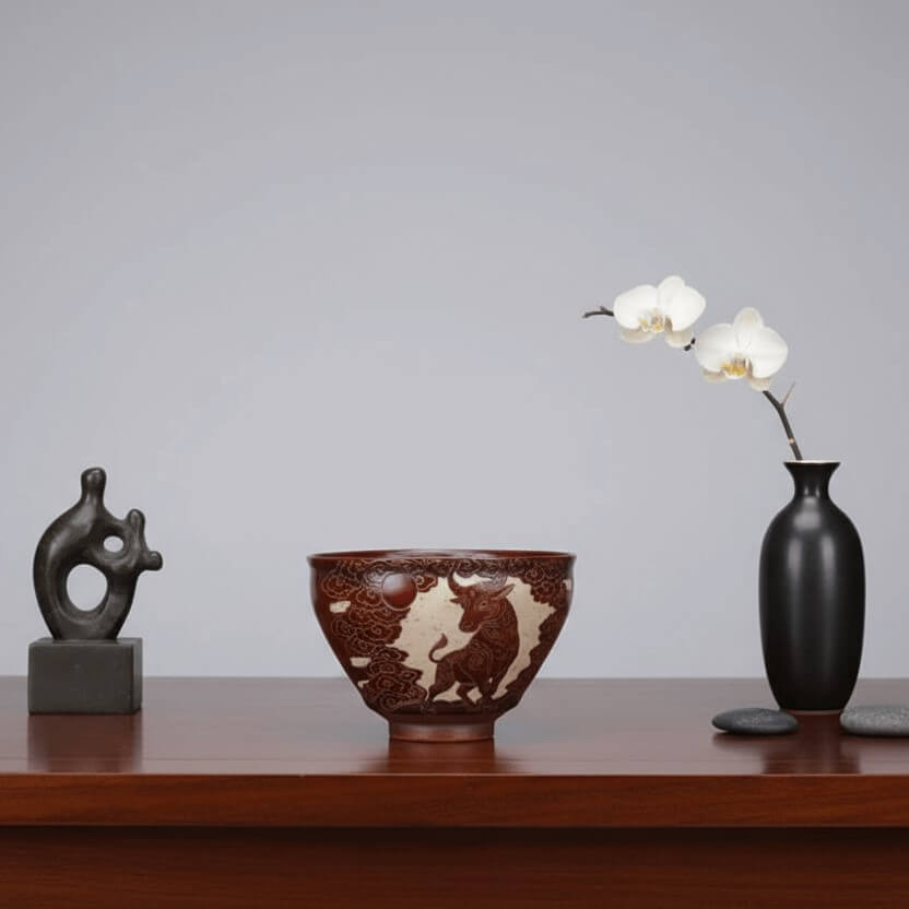 Hand Carved Ceramic Decorative Red Bowl Bull