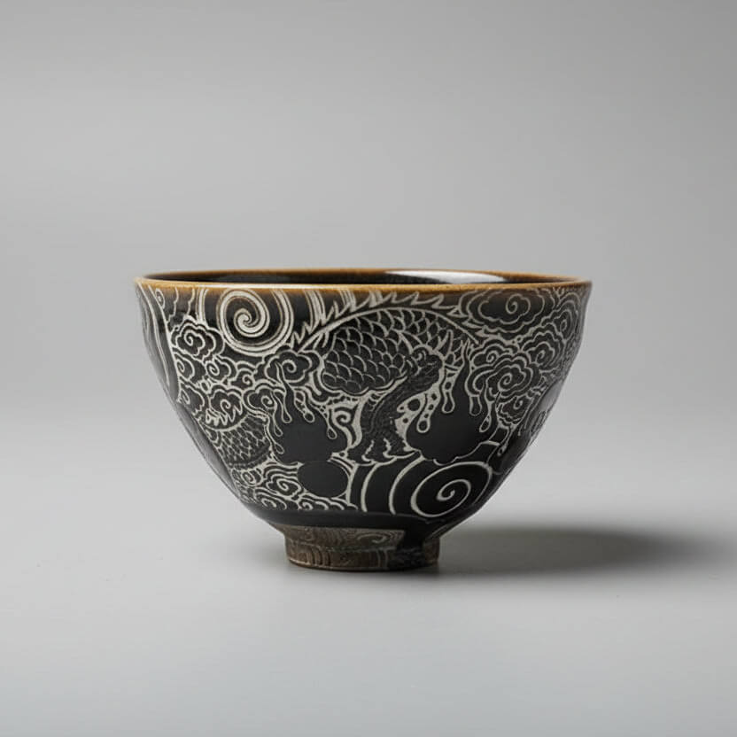 Hand Carved Ceramic Tea Bowl -Dragon