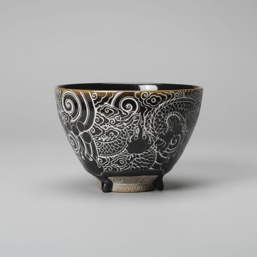 Hand Carved Ceramic Tea Bowl -Dragon