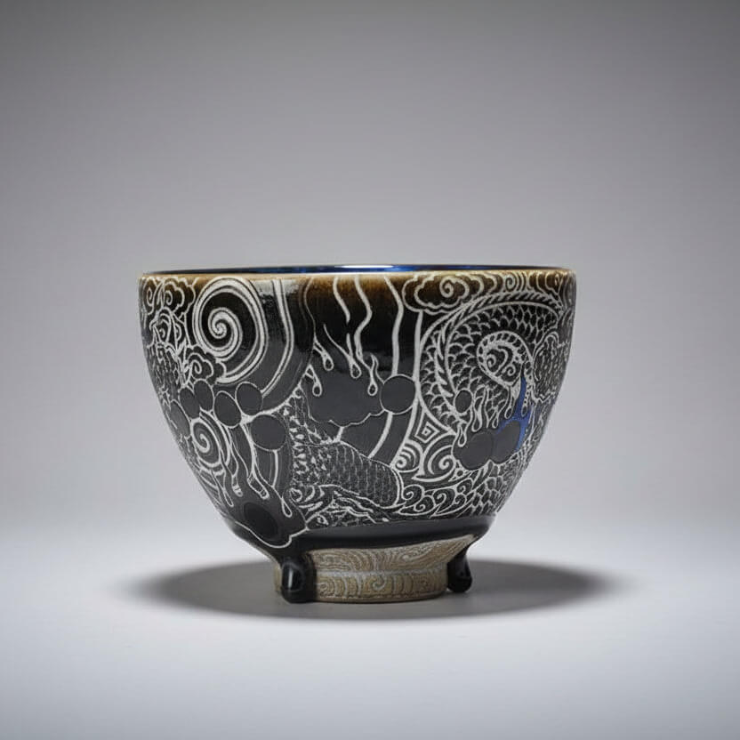 Hand Carved Ceramic Tea Bowl -Dragon