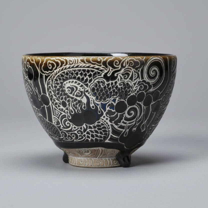 Hand Carved Ceramic Tea Bowl -Dragon