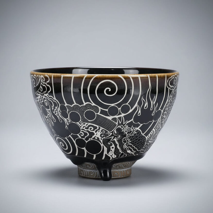 Hand Carved Ceramic Tea Bowl -Dragon