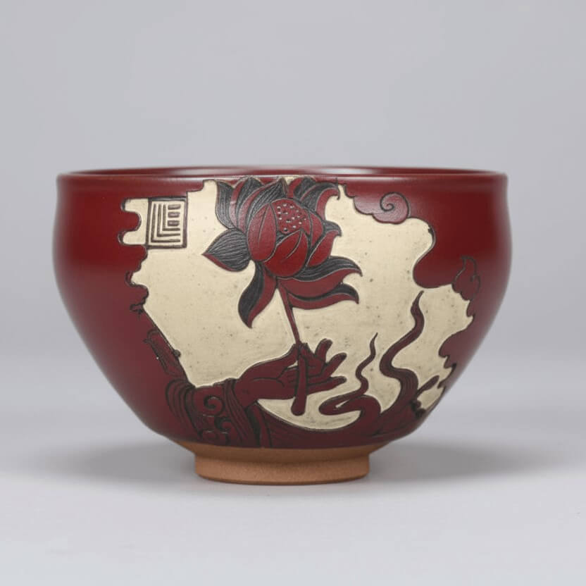 Hand Carved Porcelain Tea Bowl Buddha Hand Gently Holding Flower