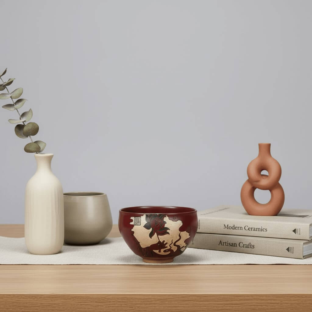 Hand Carved Porcelain Tea Bowl Buddha Hand Gently Holding Flower