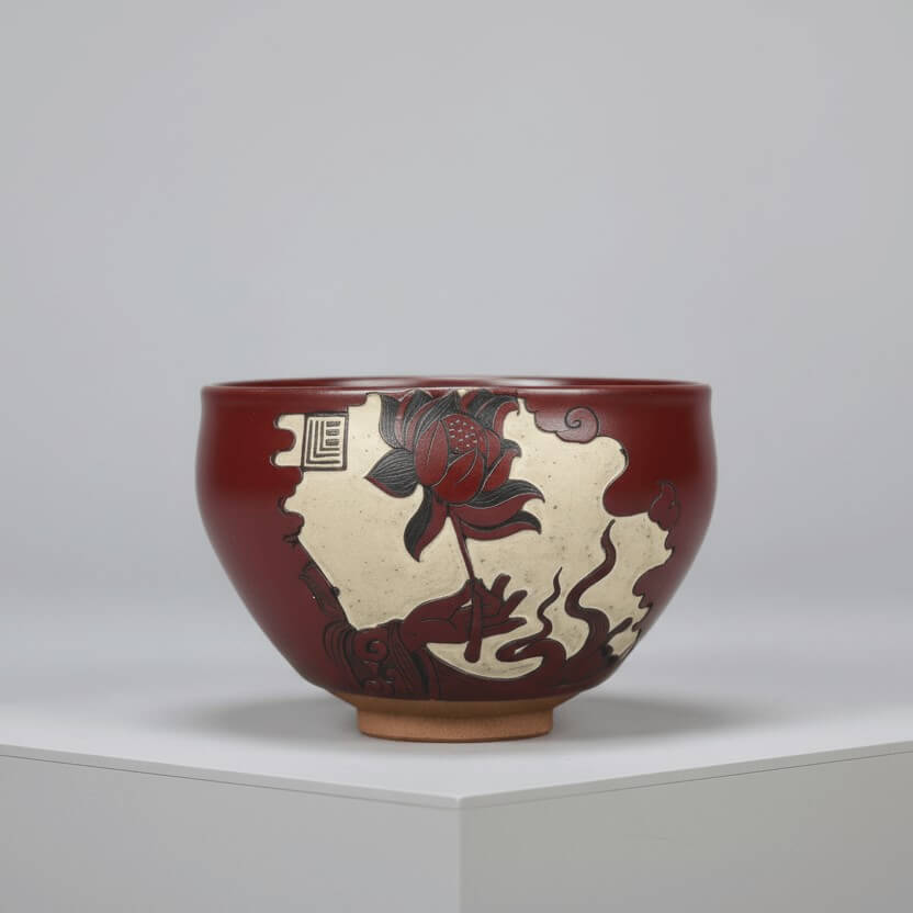 Hand Carved Porcelain Tea Bowl Buddha Hand Gently Holding Flower