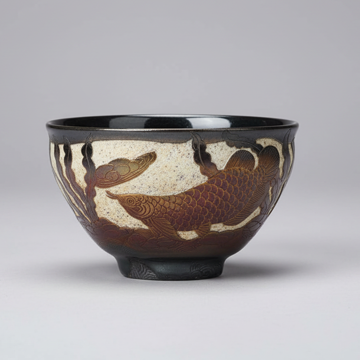 Carved Porcelain Tea Bowl - Arowana