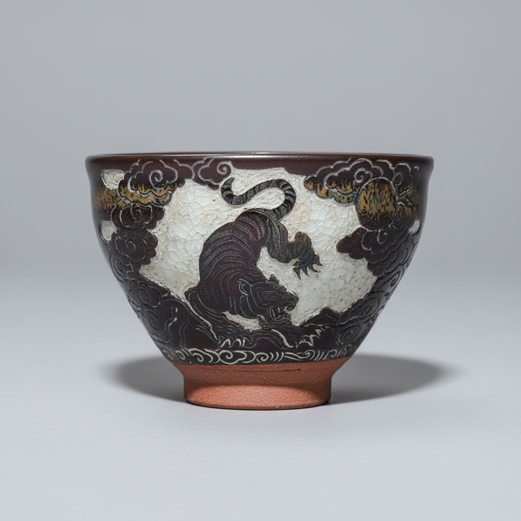 Carving on Porcelain Tea Cup - Tiger