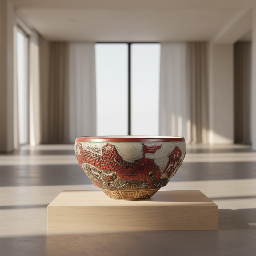 Decorative bowl with intricate designs on a pedestal in a modern indoor setting