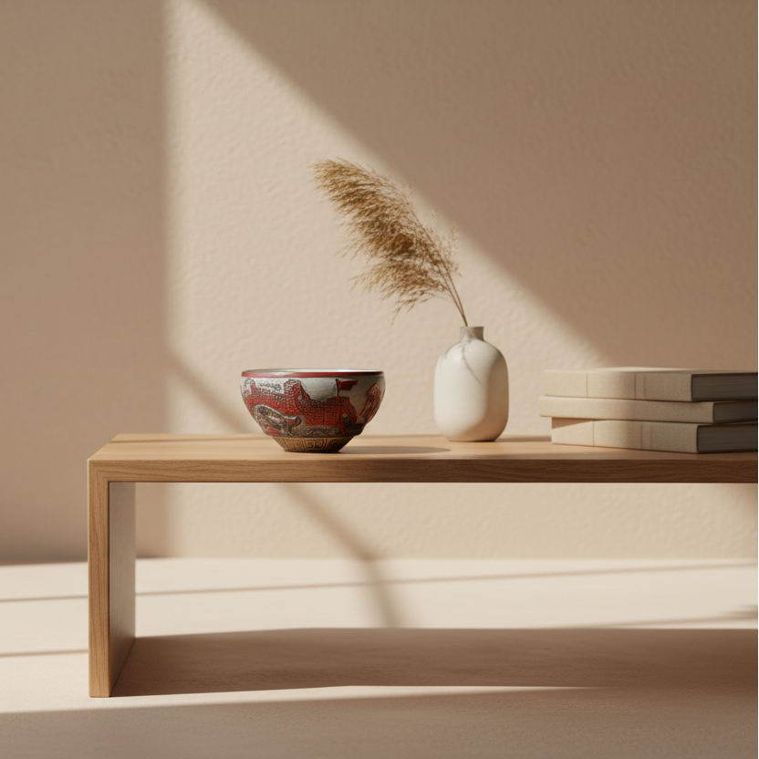Minimalist interior with a wooden table holding a vase, bowl, and books against a beige wall.