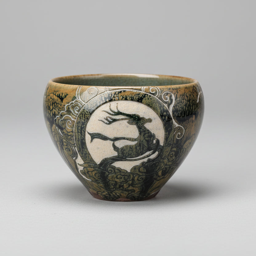 Hand-carved Porcelain Tea Cup - Auspicious Deer in Flight