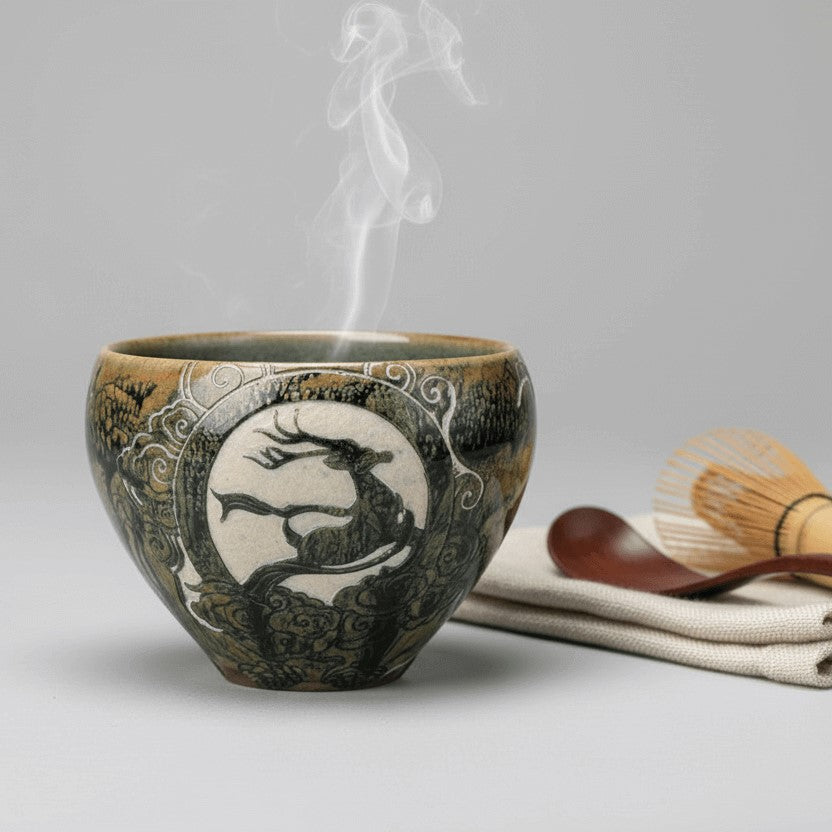 Hand-carved Porcelain Tea Cup Auspicious Deer in Flight