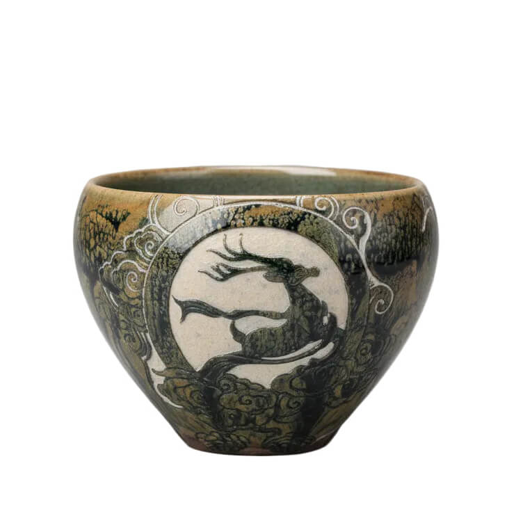 Hand-carved Porcelain Tea Cup - Auspicious Deer in Flight