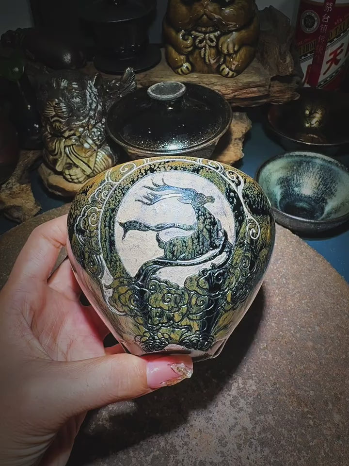 Hand-carved Porcelain Tea Cup - Auspicious Deer in Flight