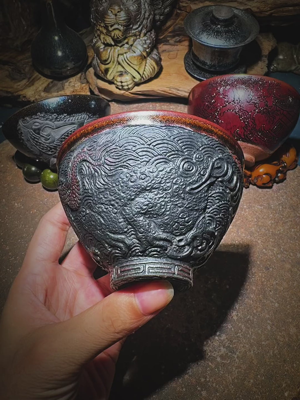 Carved Porcelain Tea Bowl - Dragon