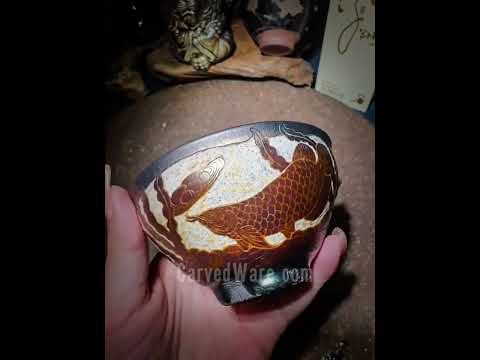 Carved Porcelain Tea Bowl - Arowana